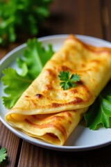 Savory banh xeo crepe with crispy edges and gooey fillings, served on a plate with fresh herbs and lettuce , food photography, savory dish