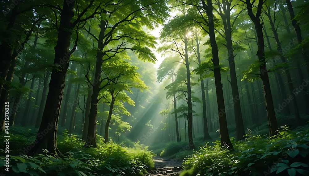 Poster sunlight streams through a vibrant green forest, illuminating a winding path with soft, hazy light.