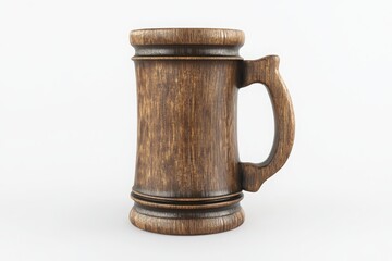 Close up shot of a brown wooden beer stein with handle on a white background