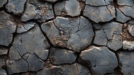 Close-up view of cracked, dark gray earth.