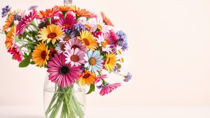 Colorful Flowers in Glass Vase - Elegant Floral Arrangement with Space for Text