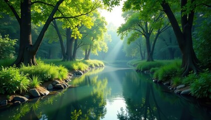 Fototapeta premium Serene river meandering through dense foliage, ripples, reflection