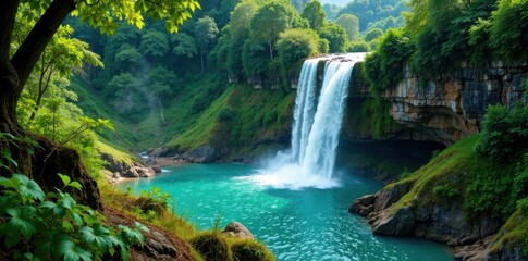 serpentine waterfalls amidst emerald greenery and vibrant foliage, greenery, serene