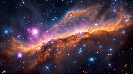 Colorful deep space background with glowing stars, purple nebulae, and cosmic dust  