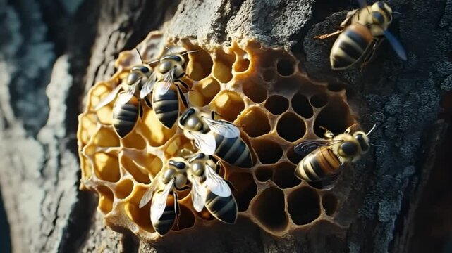 Honeybees Tending a Honeycomb Nest Hidden Within the Hollow of a Tree Trunk