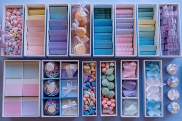 Party favors arranged neatly with pastel colors, flat lay