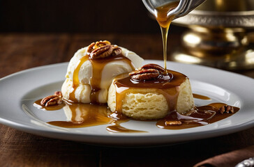 Elegant maple panna cotta dessert drizzled with rich caramel sauce and topped .