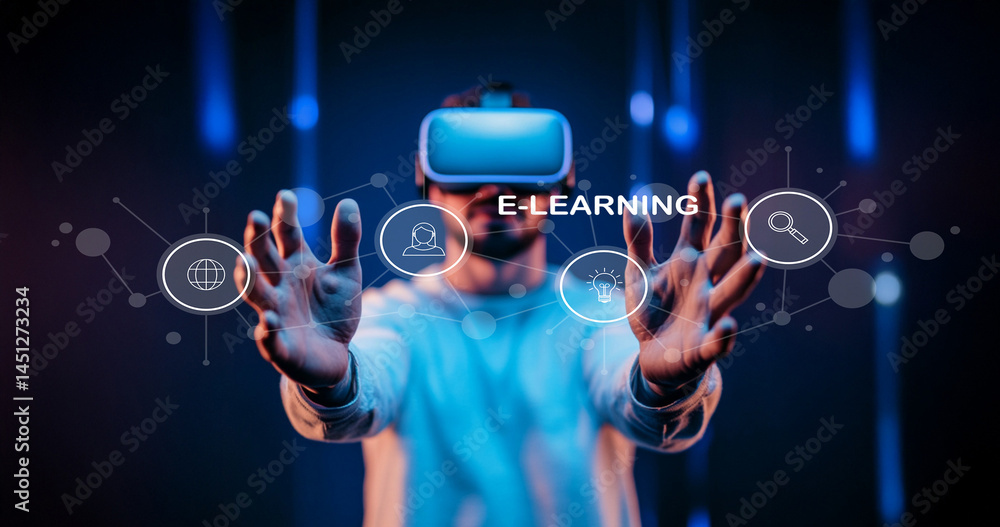 Poster person engaging in virtual reality with e-learning interface and iconography in a modern digital env
