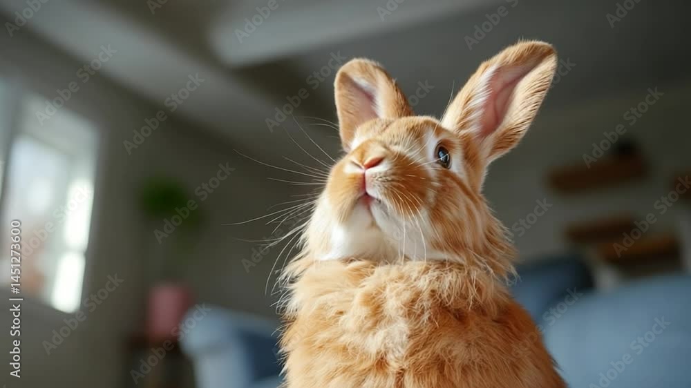Poster close-up of a cute orange rabbit looking up with curiosity indoor setting featuring soft lighting an