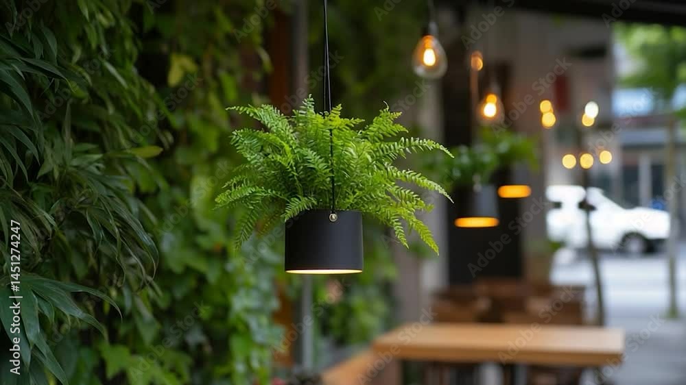 Aufkleber a modern cafe scene features hanging plants with fern greenery and warm lighting creating a vibrant 