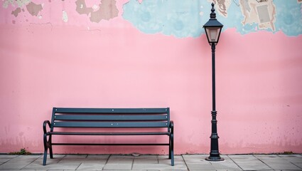 Empty Bench and Lamp Post by Weathered Pink Wall - Retro Style Background