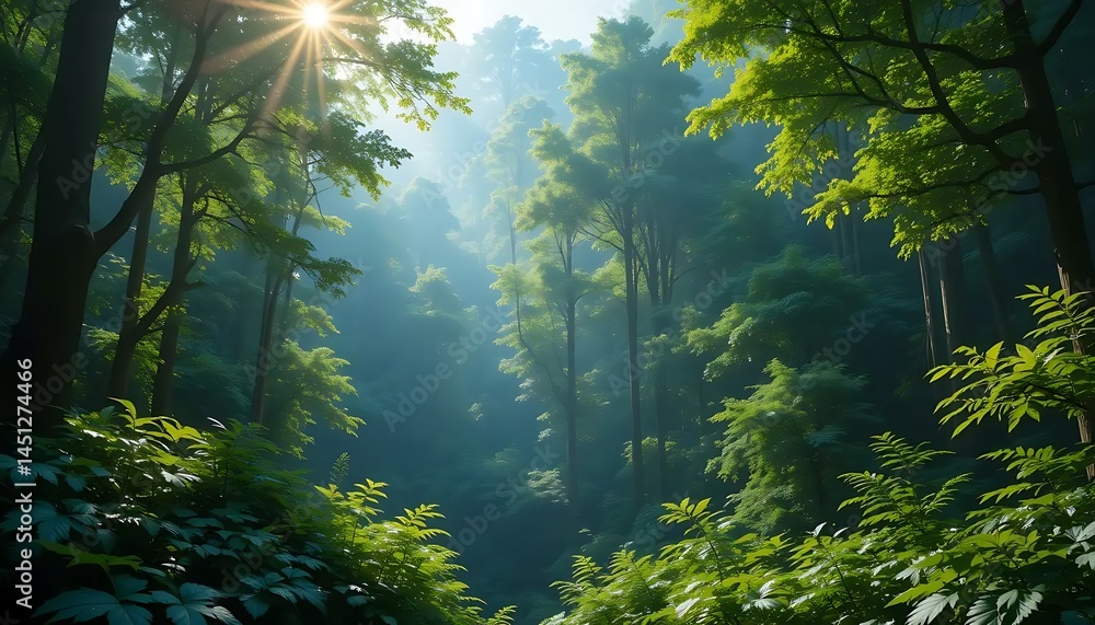 Poster sunlight filters through lush green trees creating a serene, and dreamlike atmosphere in the forest.