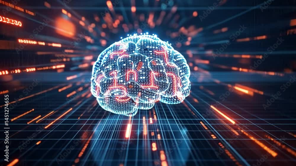 Poster futuristic digital brain glowing neural networks and data streams symbolizing innovation in artifici