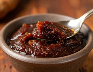 Closeup Of Brown Sauce In Bowl With Spoon