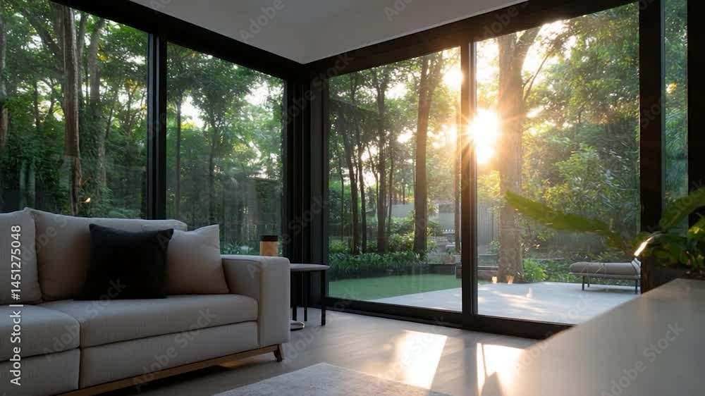 Poster interior living room with a large window overlooking a lush green forest. sunlight streams through t