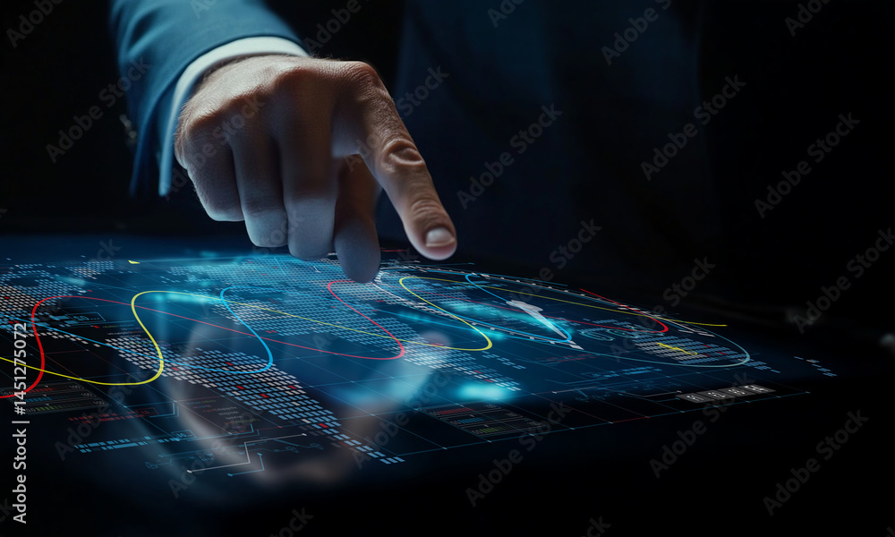 Aufkleber business professional analyzes data trends on a futuristic touchscreen display showcasing global sta