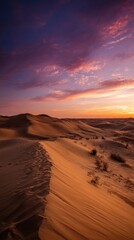 Naklejka premium Psychedelic sunset over desert dunes with warm lighting and negative space on left