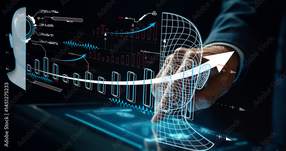 Poster futuristic technology concept with human interaction, data visualization, and augmented reality in a