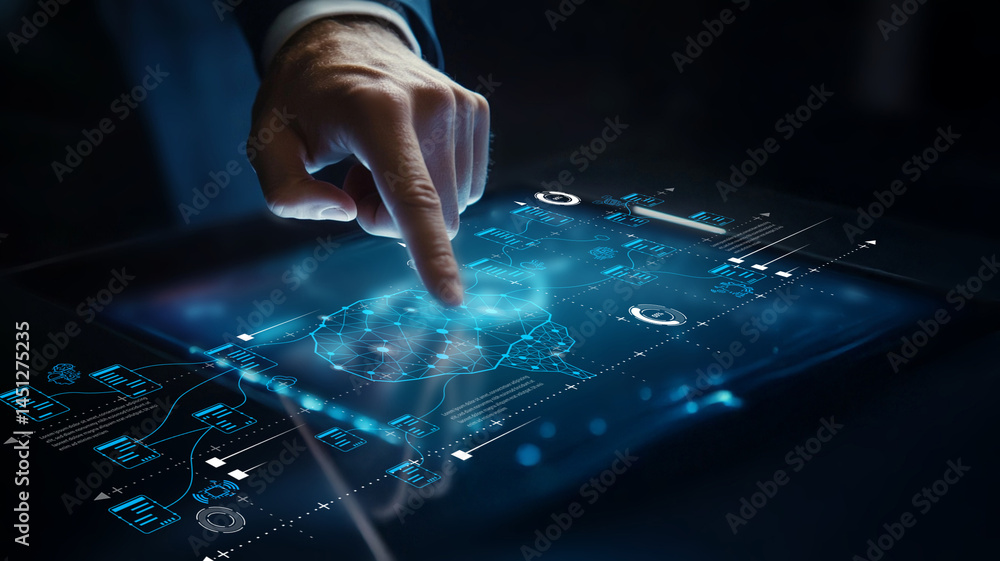 Poster futuristic businessman interacting with digital touchscreen interface in a modern high-tech environm