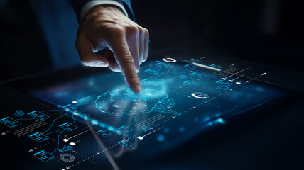 Futuristic Businessman Interacting with Digital Touchscreen Interface in a Modern High-Tech...