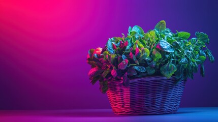 Fresh green leaves in a woven basket illuminated by vibrant purple and pink lighting