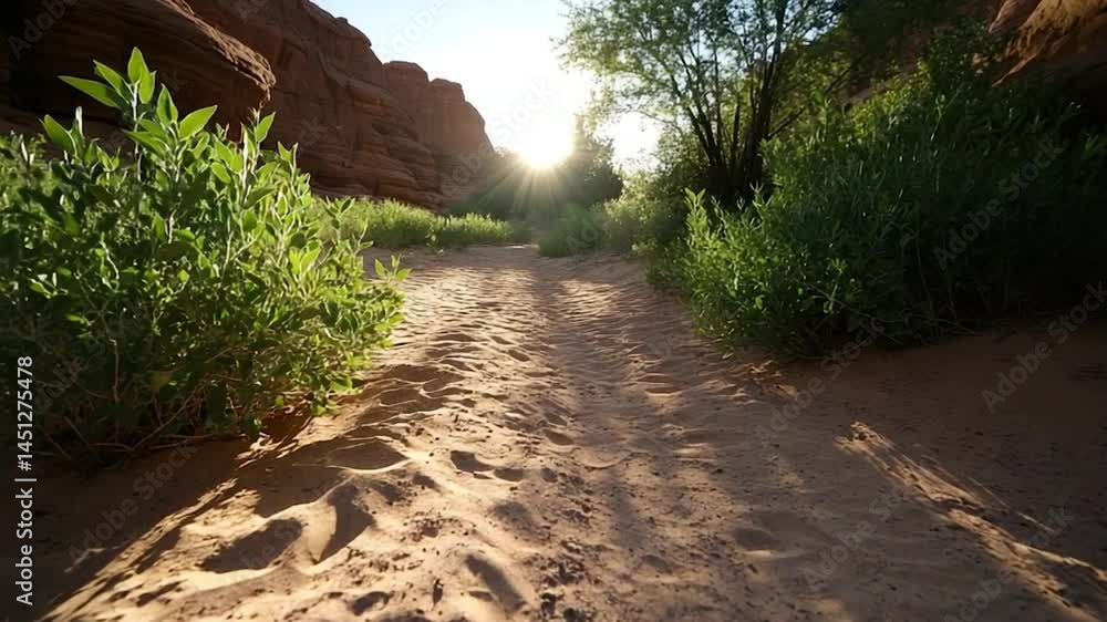 Aufkleber sandy path leading towards a bright sun in a canyon. lush green bushes line the path creating a cont