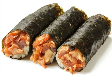Fresh sushi rolls with salmon filling, displayed on a white background for culinary use