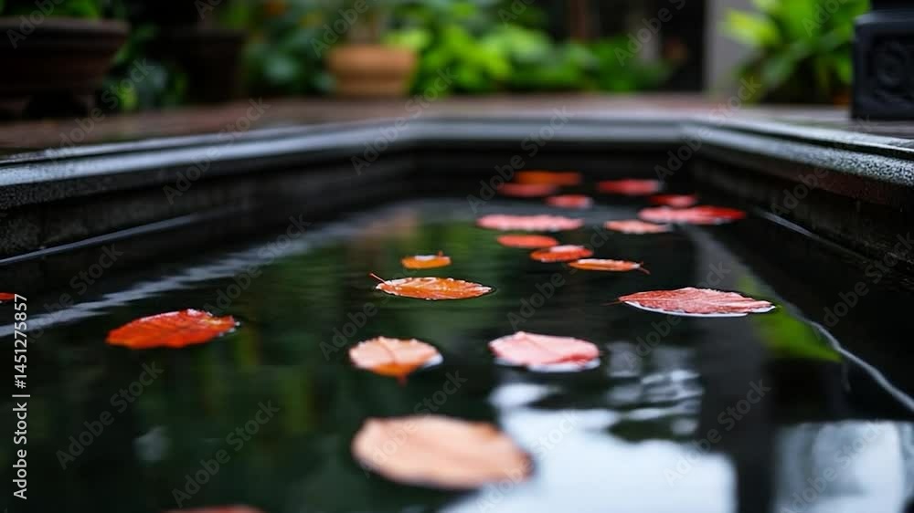 Aufkleber water feature with floating red and orange leaves in a dark pond reflecting the surrounding greenery