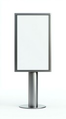 A realistic shot of a blank informational kiosk sign, realistic metal, clean white background, soft lighting