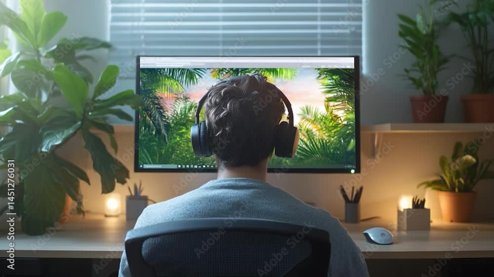 Poster man wearing headphones sits at desk in home office with monitor displaying jungle scene. surrounded 