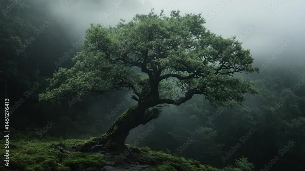 Poster an aged tree in a misty forest setting bathed in cool green tones. the tree is the focal point again