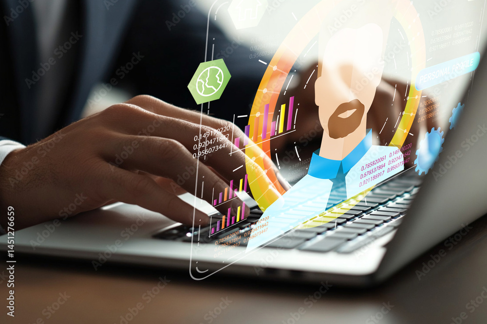 Poster person using laptop with digital interface showing data analytics, graphs, and business insights in 