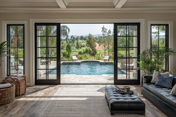 Photograph of black-framed sliding glass doors leading to patio with palm trees, swimming pool, and scenic California countryside view.