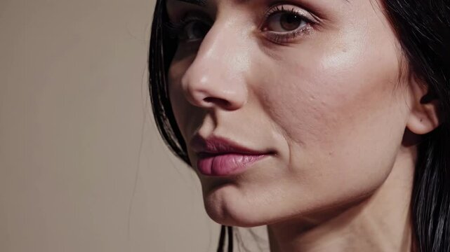 Close-up video of a woman with closed eyes, showcasing serene beauty. Shot from a slightly elevated angle, highlighting her natural elegance.