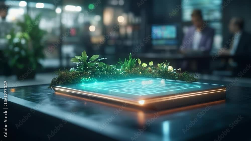Fototapete a futuristic glowing digital interface with plants atop a table in an office setting featuring blurr