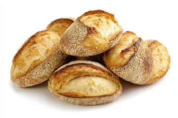 Freshly baked artisan bread rolls stacked appealingly on a white background for culinary use