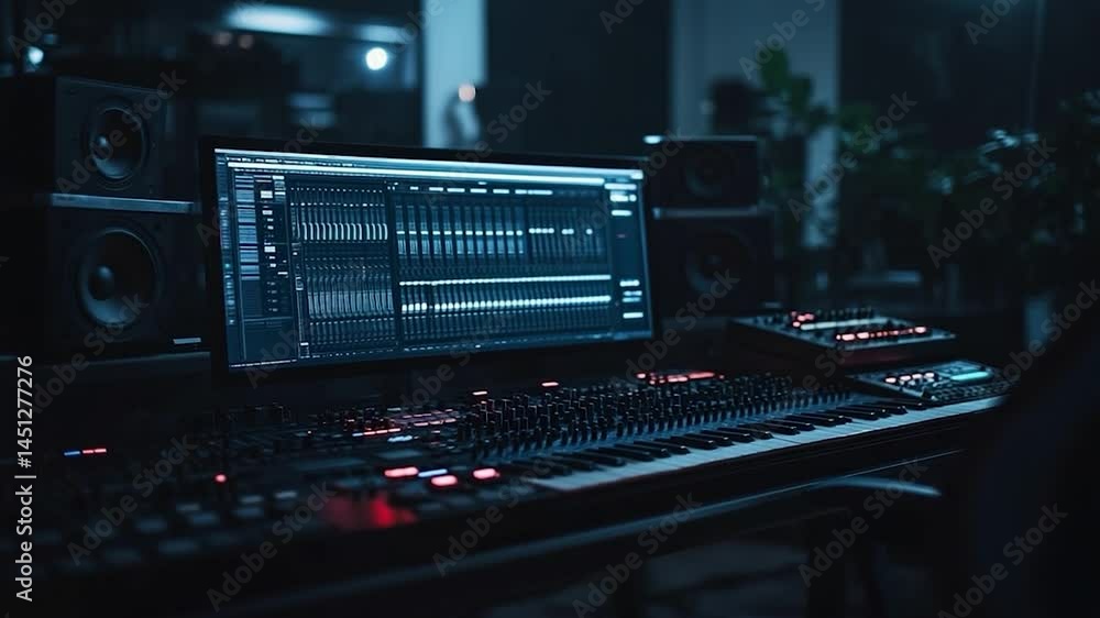 Poster a moody, dimly lit recording studio featuring audio equipment like a mixing console, monitor display