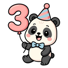 Obraz premium Cute Kawaii Panda Holding Number 3 Balloon - Cartoon Birthday Animal Illustration with Party Hat 