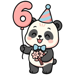Cute Kawaii Panda Holding Number 6 Balloon - Cartoon Birthday Animal Illustration with Party Hat
