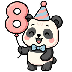 Naklejka premium Cute Kawaii Panda Holding Number 8 Balloon - Cartoon Birthday Animal Illustration with Party Hat 