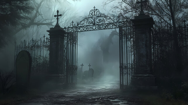 The wrought iron cemetery gate creaked open, revealing a fog covered graveyard shrouded in darkness. [Corroded Realms] | Iron Graveyards | metal tombs. Illustration