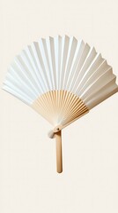 A realistic shot of a blank paper fan with a handle, realistic paper, clean white background, soft lighting