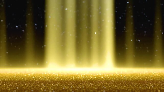 Glittering starfall with gold light beams shining on sparkling surface, glowing and magical sparkle shine in seamless festive atmosphere