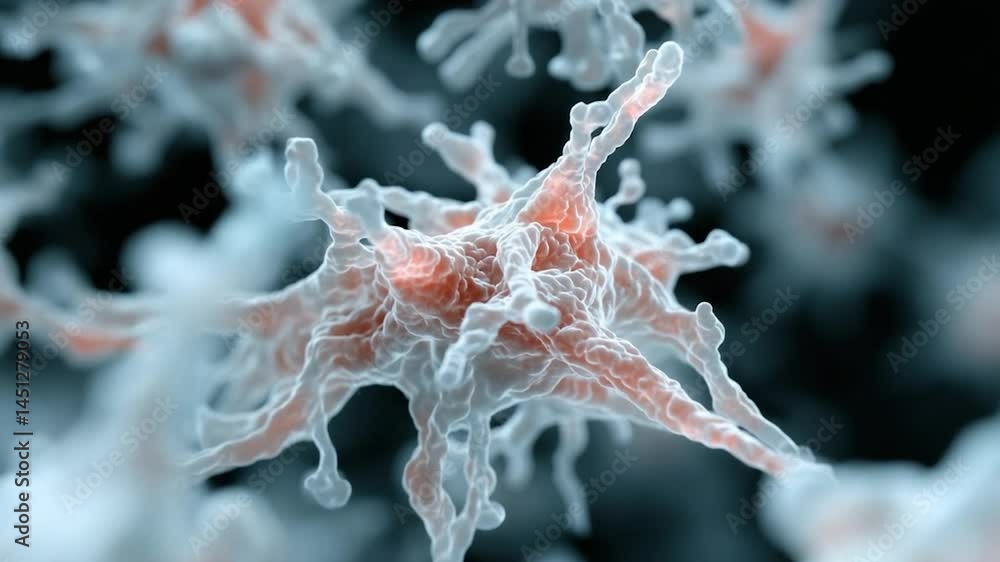 Aufkleber Close-up of cellular structure with red core and translucent spikes in a blurred backdrop highlighting scientific illustration