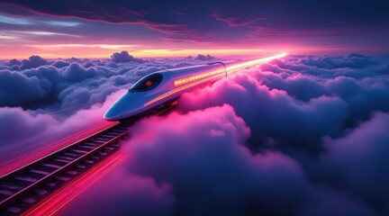 A futuristic high-speed train travels above the clouds on glowing tracks during a vibrant sunset.