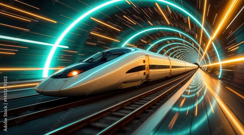 Poster a sleek high-speed train races through a futuristic tunnel with vibrant lights and dynamic motion ef