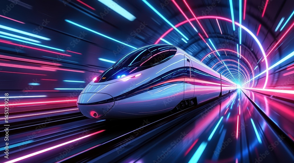 Poster A futuristic high-speed train rushes through a neon-lit tunnel, creating a dynamic sense of motion and advanced technology.