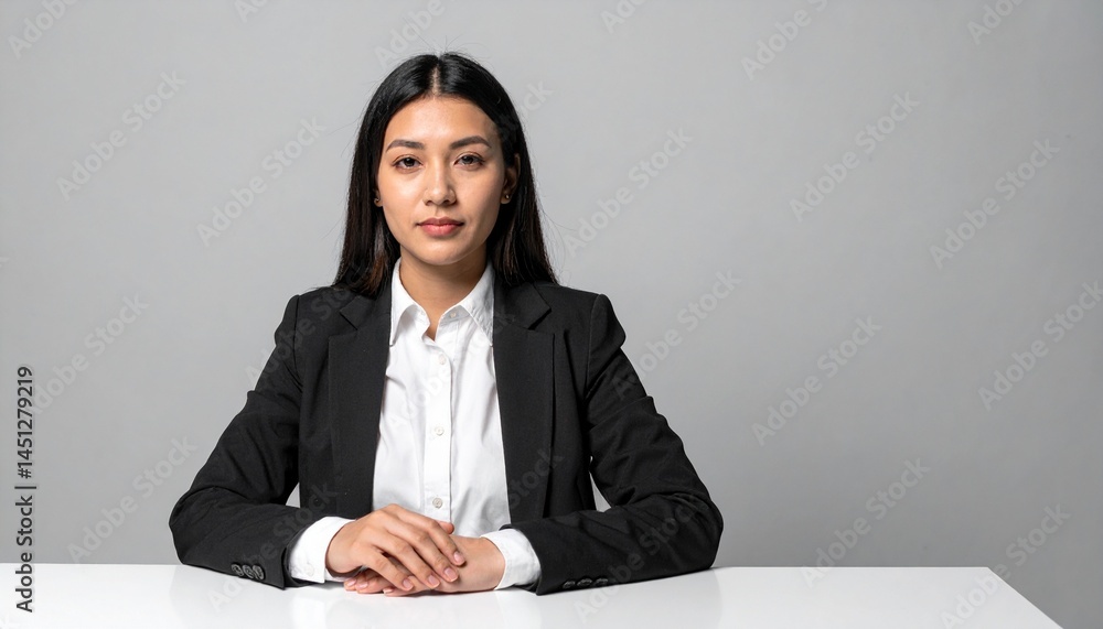 Fototapete 20代女性ビジネスマンが、白いシャツと黒いジャケットを身に着け、真面目な表情で両手を机に置き、カメラを見つめる。サイドに分けたストレートの髪が、シンプルながらも洗練された印象を与える。