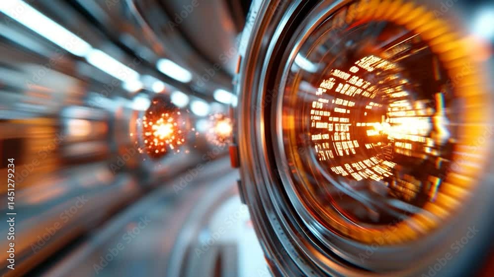 Aufkleber Close up of a futuristic interior with glowing lights and circular structures evoking technology or science. Intense focus creates a sense of depth and energy