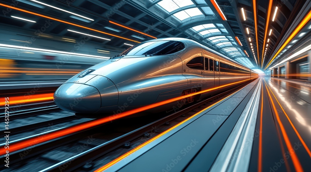 Poster a sleek high-speed train rushes through a futuristic tunnel, illuminated by dynamic lights and motio